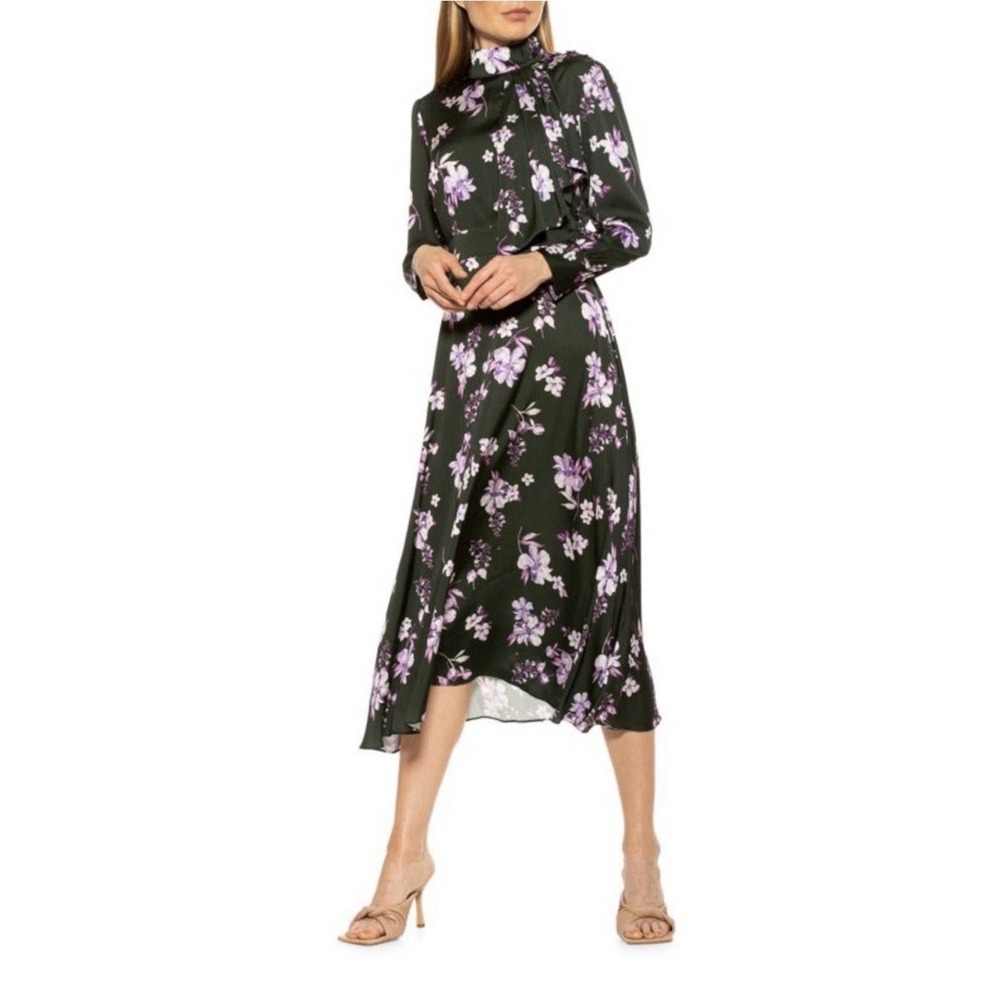 Alexia Admor Brooklyn Green Floral Satin Midi Fit Flare Dress 4 Wedding Guest